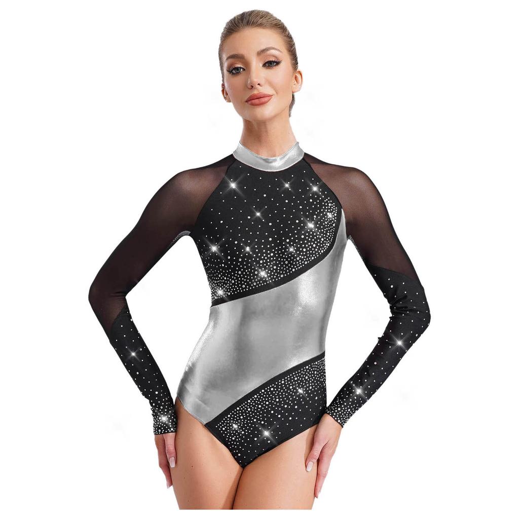 Женский гимнастический купальник - Дизайн с металлическими цветовыми блоками, воротником-стойкой, длинным рукавом и вырезом-капелькой на спине