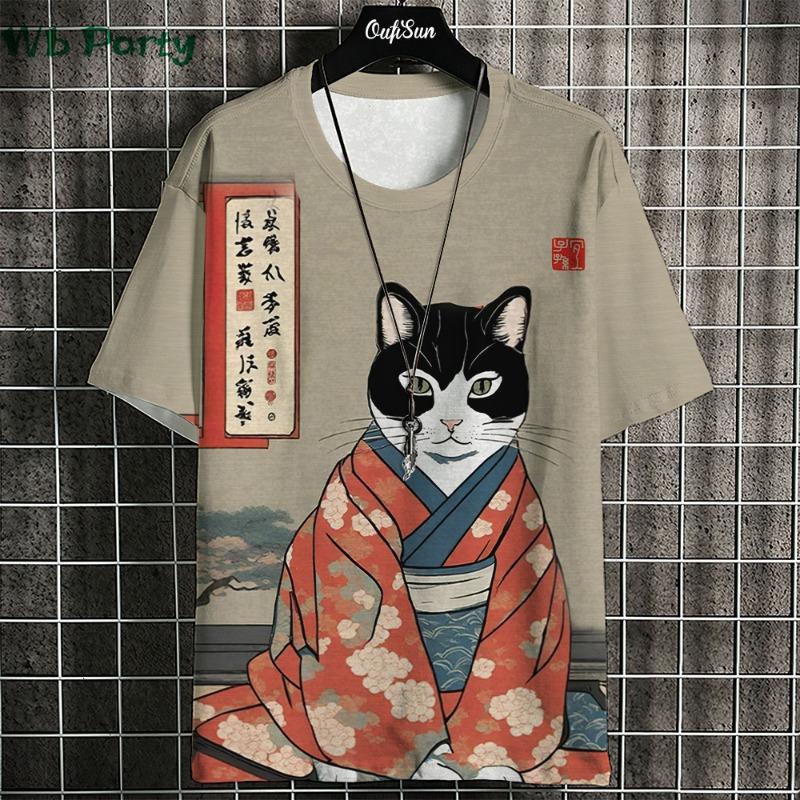 Японская футболка Ukiyo-E Мужские футболки с принтом животных Винтажная мужская одежда Круглая горловина Короткий рукав Футболка Harajuku