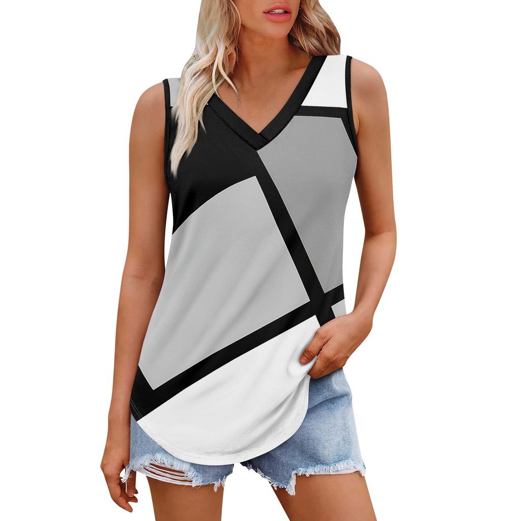 Женская майка с V-образным вырезом и принтом, повседневная майка, свободный крой, топы без рукавов, струящиеся