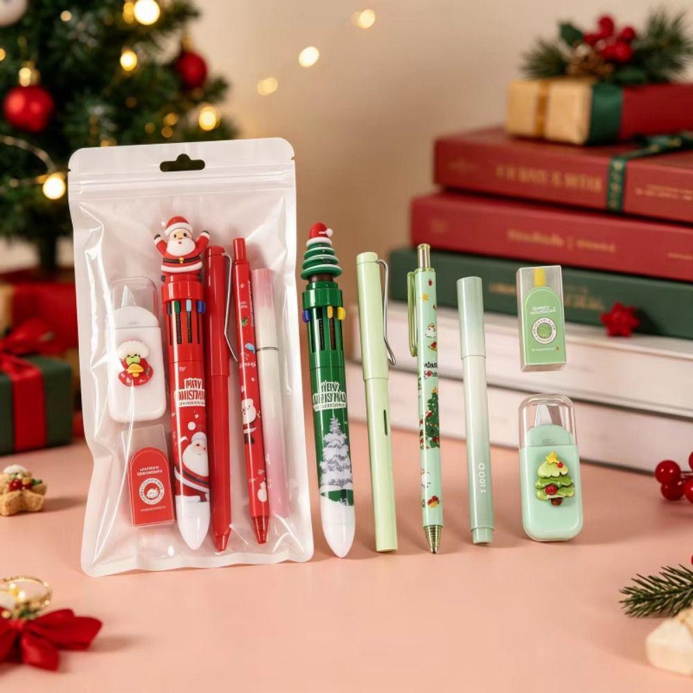 6Pcs/Set Highlighter Pen Student Tools Gift Kit Cartoon Christmas Learning Gift Box Kids Stationery