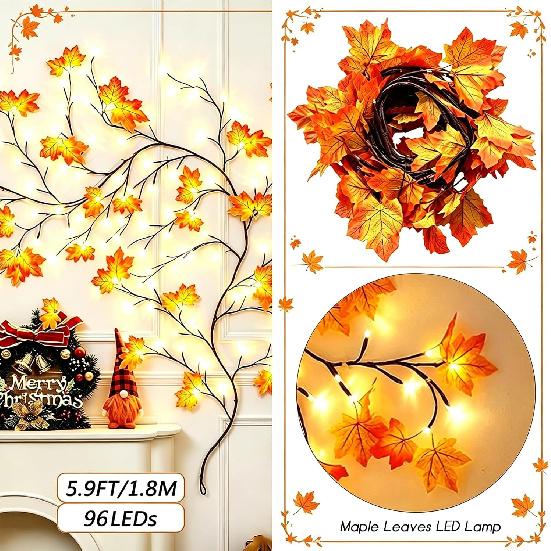 Fall Willow Vine Lights for Wall, 5.9FT 96LEDs Maple Leaves Tree Branch Lights with 8 Lighting Modes, Battery Operated Branch Lights for Fireplace