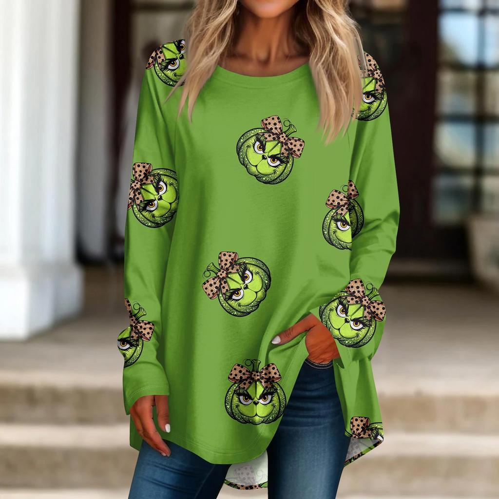 Женская рождественская принтовая рубашка с длинным рукавом, круглый вырез, пуловер, футболка, топ, пуловер
