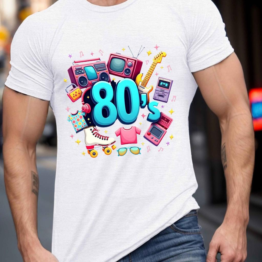 Ретро-коллаж 80-х Графическая футболка Мужская Повседневная Круглый вырез Мягкий хлопок Короткий рукав Футболка