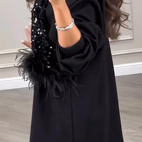Весна Осень Женское Платье Блестки Перья Декор Поддельные Две Части Круглый Вырез Длинный