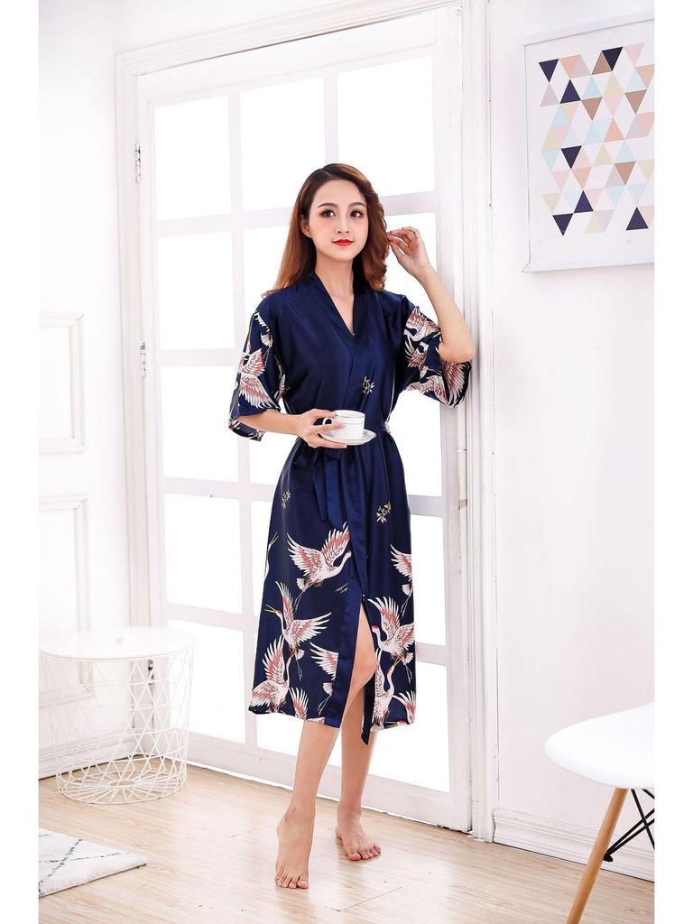 Очень большой шелковый халат-кимоно с принтом журавлей - Большой размер для невесты и домашней одежды