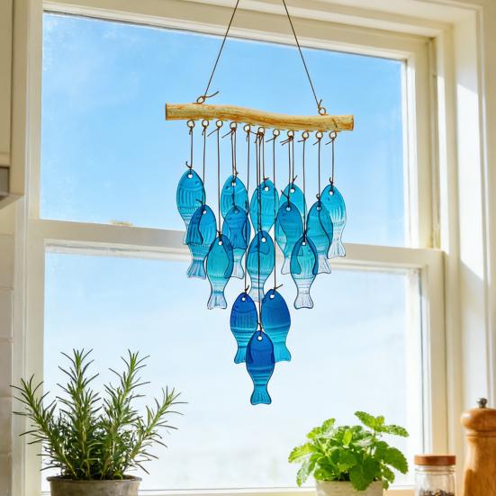 Синий Стеклянный Рыбка Колокольчик Ветра Ручной Работы Морская Тема Ловец Солнца Для Дома Улицы Сада Двора Патио Подвесной Декор Колокольчик Ветра