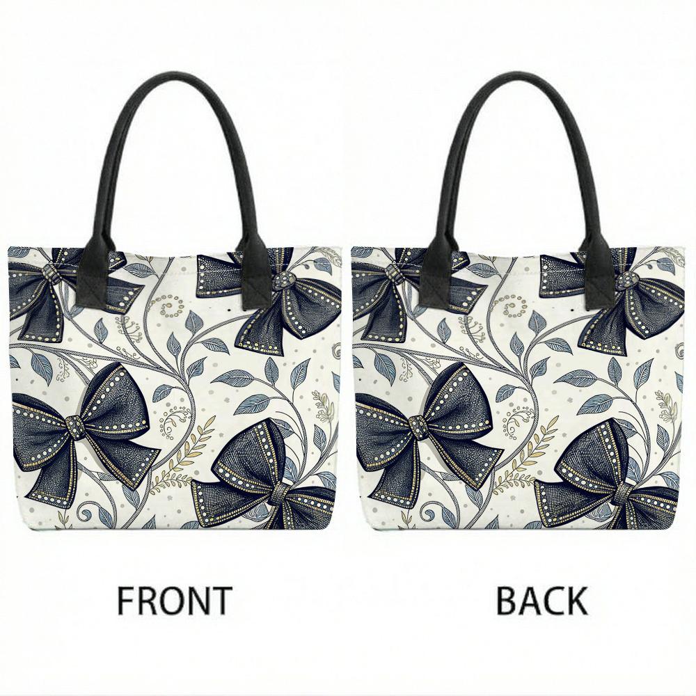 Elegant Bow Print Canvas Tote Bag Large Capacity Shoulder Handbag for Daily Use