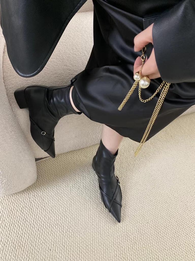 Модные женские ботильоны с острым носком, черные, бежевые, с узким ремешком, на плоской подошве, на среднем каблуке, туфли-лодочки для вечеринок, эластичные туфли для женщин, 2024, новые поступления, вечеринка