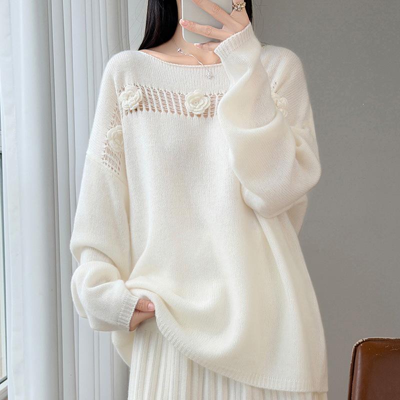 2026 Autumn/Winter Pure Wool One-Shoulder Knit Sweater with 3D Embroidery