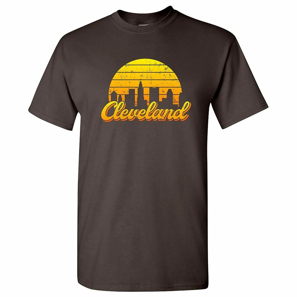 Cleveland OH Retro Skyline Sunset - Home State Pride Summer T Shirt - Dark Choc