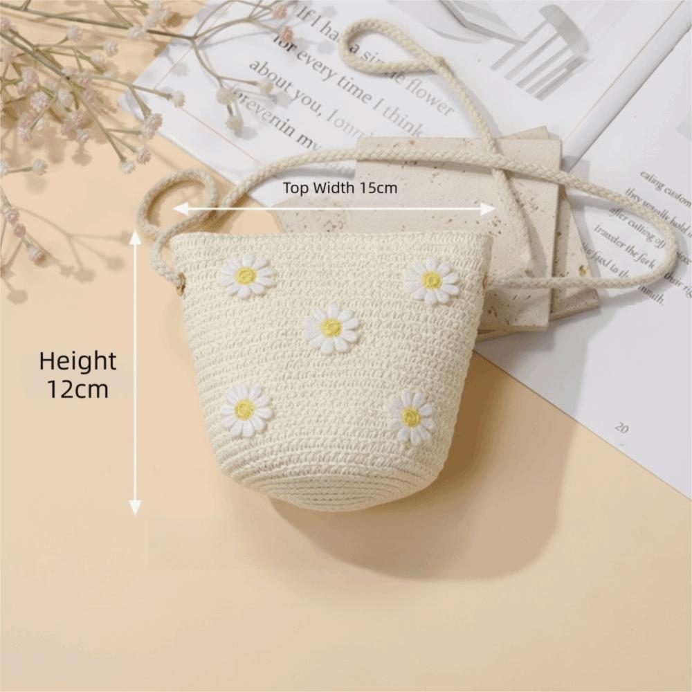 Fashion Small Daisy Kids Straw Bag Shell Shape Woven Shoulder Bag Handmade Handbag for Children Girls