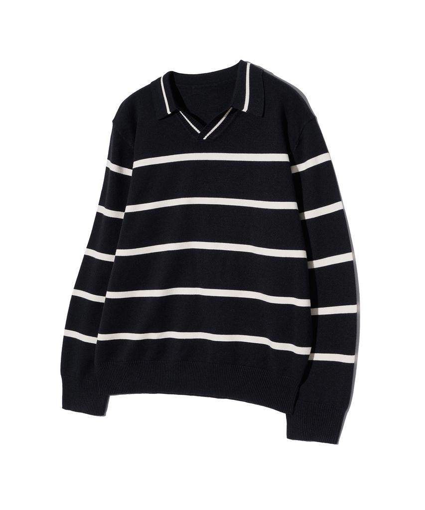 IRONYPORNO WHITELINE 86-Iroj365 Open-Neck Striped Long-Sleeve Knit Black
