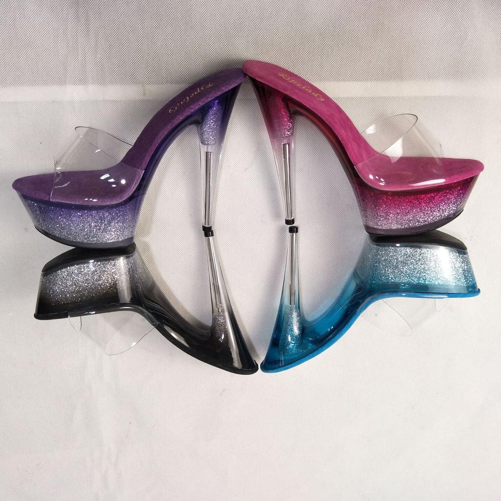 Женские танцевальные тапочки с кристаллами, сандалии 15 см с градиентом, модель для подиума, на высоком каблуке, сценическая обувь для танцев на пилоне, для ночного клуба, танцевальная обувь YKC