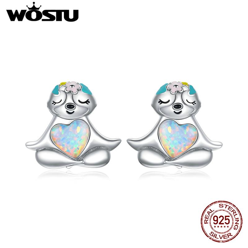 WOSTU Real 925 Sterling Silver Sloth with Opal Heart Stud Earrings Enamel Earrings For Women Fashion Silver Jewelry CTE483