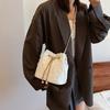 Ling Grid Chain Bucket Bag, Simple Crossbody Bag, Women's Trendy Drawstring Tassel Shoulder Bag