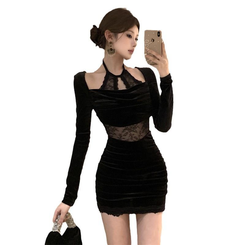 Women's Spice Girl Neck Lace Splicing Long Sleeve Velvet Dress