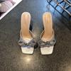 Thin Heel Rhinestone High Heel Slippers Women's 2025 Fashion Square Head Large Size Satin One Word Bow Sandals