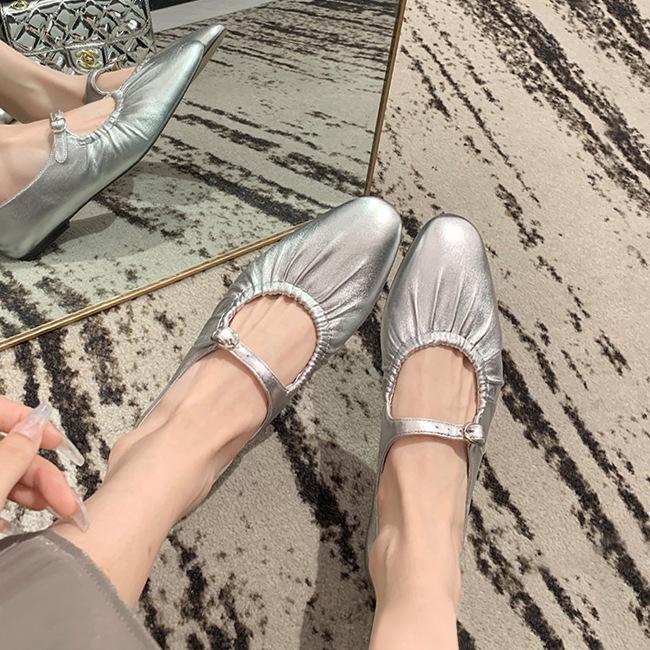 Cowhide Version~ Leather Pleated Flat-soled Retro Grandma Shoes Soft-soled Silver Mary Jane Shoes Women's Single Shoes Ballet Shoes
