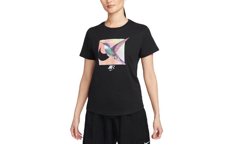 Nike Спортивная одежда Женская футболка с принтом птиц Классическая с круглым вырезом Черная FB8096-010