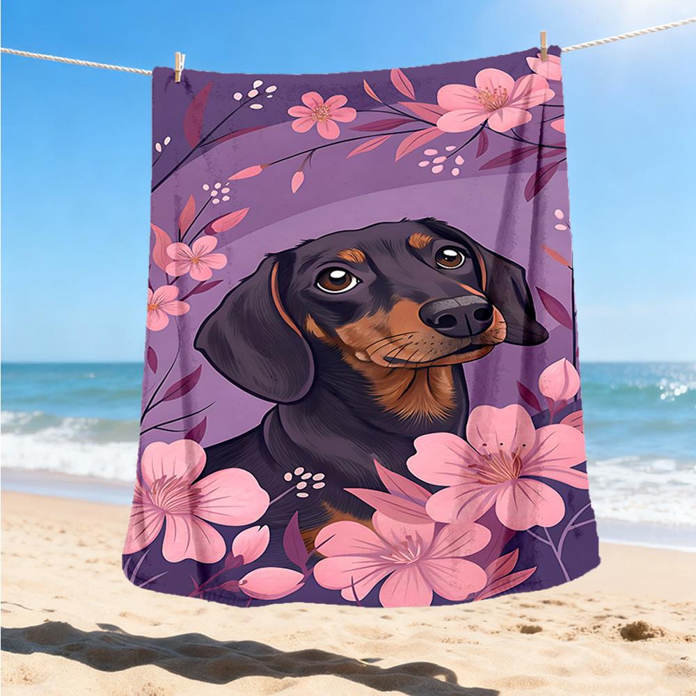 1pc Dachshund Floral Print Outdoor Flannel Blanket , Machine Washable Perfect Gift for Birthday , Holiday Travel Accessory , Durable Material