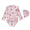 One-piece Kids Swimming Suit Long Sleeve Hat+Romper Matching Baby Girls Swimwear Seaside Clothes Casual Children Bathing Suits