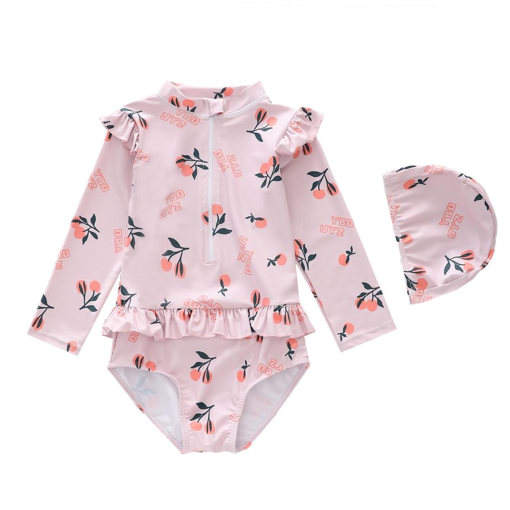 One-piece Kids Swimming Suit Long Sleeve Hat+Romper Matching Baby Girls Swimwear Seaside Clothes Casual Children Bathing Suits