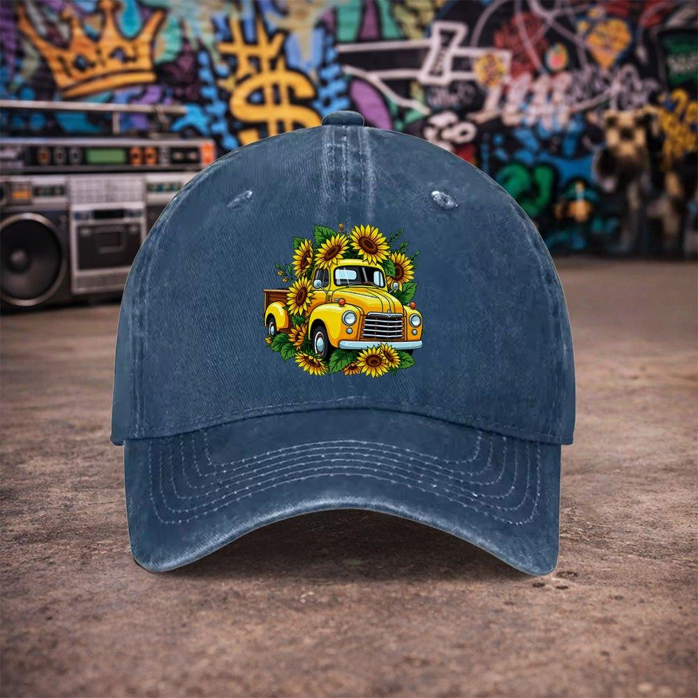 Unisex Sunflower Vintage Truck Washed Baseball Cap Unisexs Duckbill Hat Fun Print Birthday Gift for Dad or Grandpa