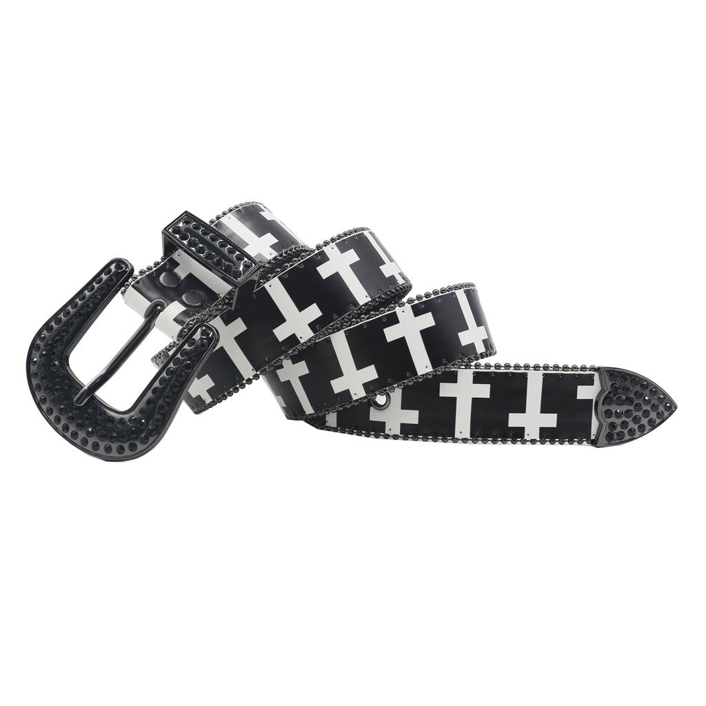 American Yabi Original Design Y2K Cross Pattern Rhinestone Printing Belt Y2K Trend Pu Leather Belt