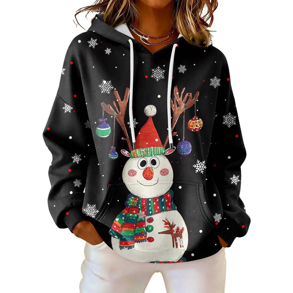 Женская свободная удобная повседневная модная толстовка с V-образным вырезом и рождественским принтом с длинным рукавом
