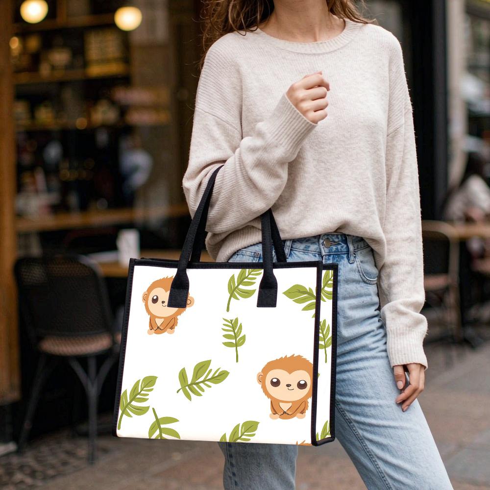 Cute Monkey Pattern Tote Bag Daily Use Casual Carry Handbag Lightweight Portable Shoulder Bag for Outdoor Shopping