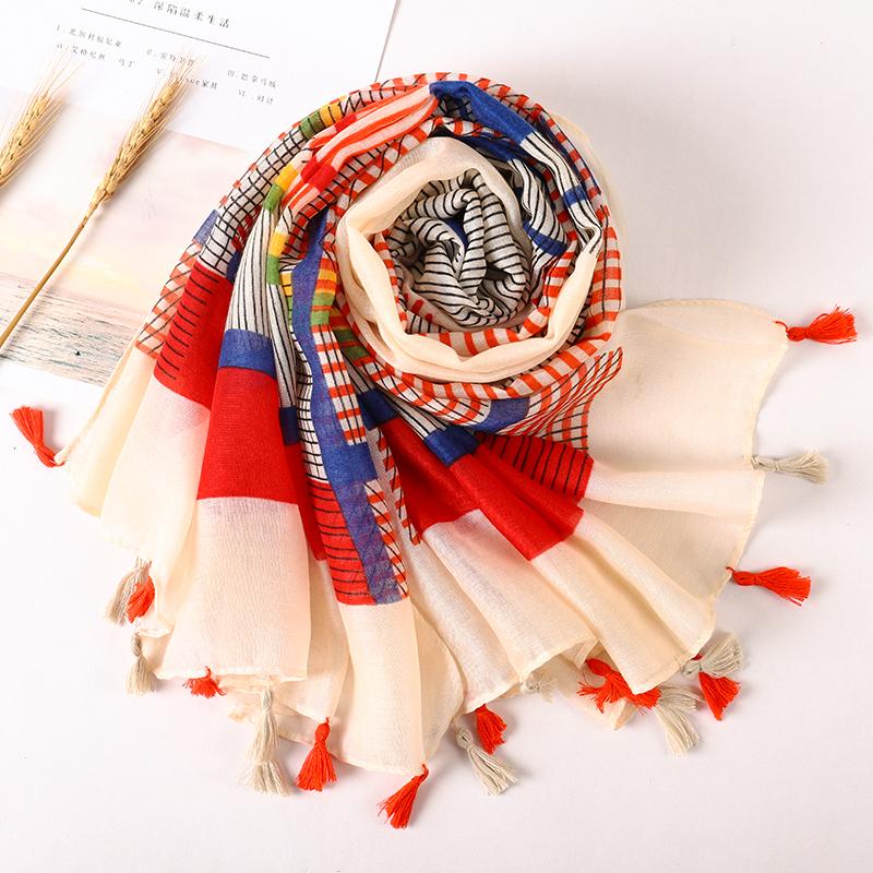 Ethnic Print Beach Travel Scarf Women Tassel Fringed Shawl Seaside Holiday Sunscreen Beach Scarves 180*90Cm