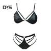 2 Pcs/Set Bra Panties Set Hollow Out Faux Leather Solid Color Wireless Unpadded Elastic Multi Straps Soft Lady Bra Panties Set Wedding Night Bedroom