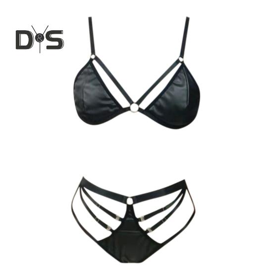 2 Pcs/Set Bra Panties Set Hollow Out Faux Leather Solid Color Wireless Unpadded Elastic Multi Straps Soft Lady Bra Panties Set Wedding Night Bedroom