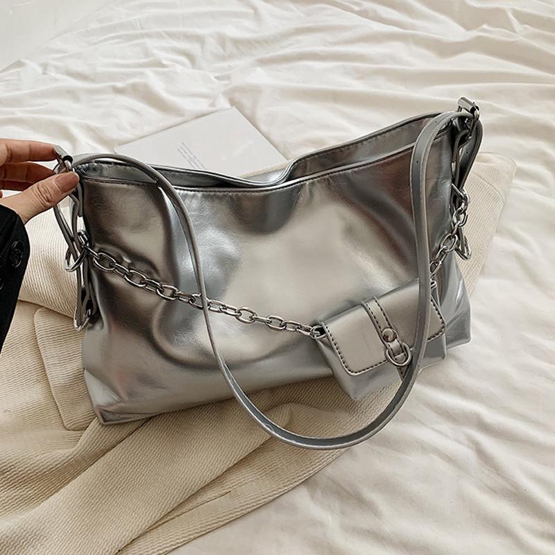 Women PU Leather Chain Decor Handbag Large Capacity Silver Shoulder Crossbdoy Bag With Mini Purse