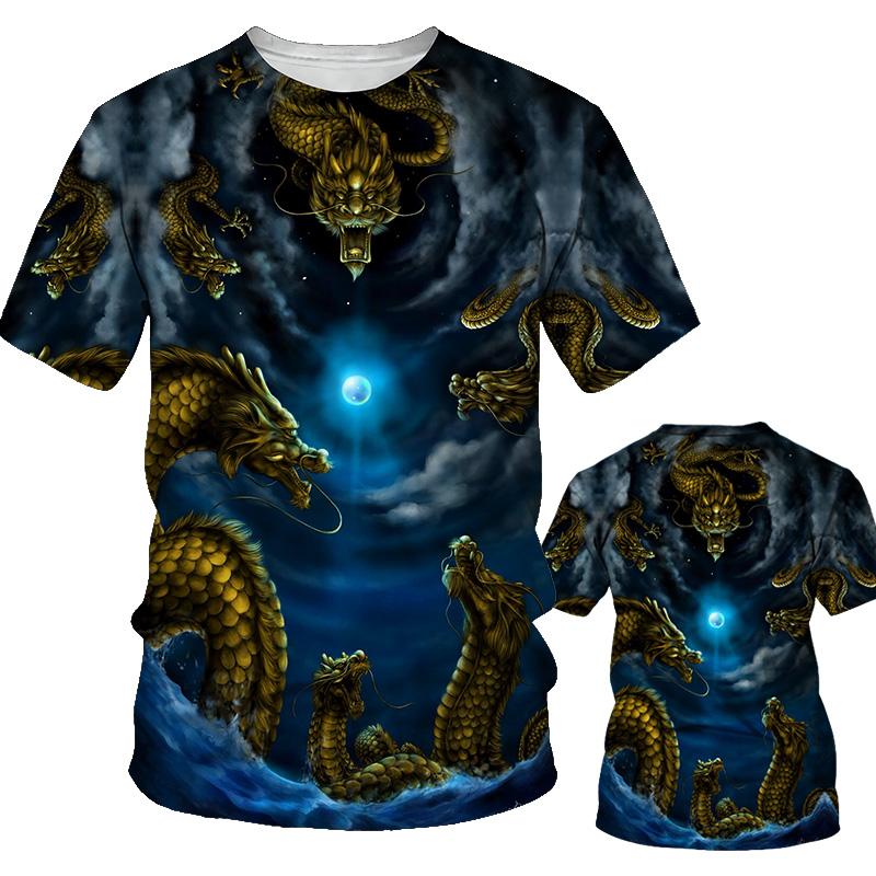 Новая летняя мужская футболка с принтом дракона, свободные топы с круглым вырезом, дышащая удобная мужская одежда больших размеров