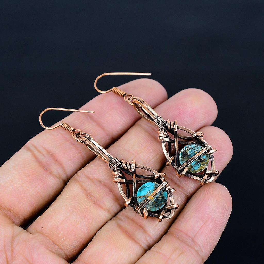 Copper Blue Turquoise Jewelry Handmade Gemstone Earrings, 999 Copper Wire Wrapped Earrings Antique Jewelry, For Engagement Gift