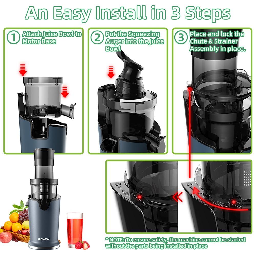 BioloMix Cold Press Juicer, with 78mm/3.07in Feed Chute, 200W 40-65RPM Powerful Motor, Low Noise Slow Masticating Juice Machine