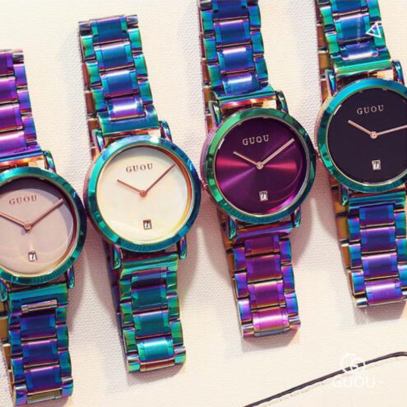 GUOU Luxury Women's Watches Stainless Steel Colorful Straps Purple Women Watches Fashion Ladies Watch Reloj Mujer Zegarek Damski