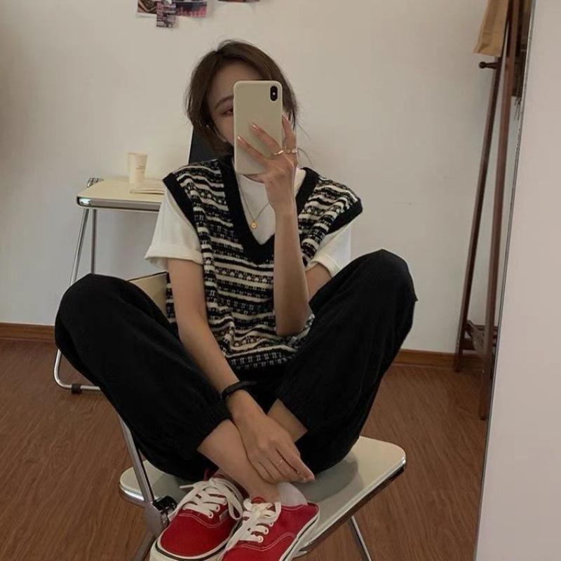 Пуловер-свитер, женский жилет 2023, винтажный вязаный жилет, женский осенний свободный жилет с v-образным вырезом и свободным полосатым жилетом без рукавов