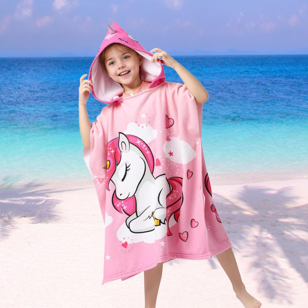 Ultra-Fine Fiber Cartoon Print Kids' Hooded Bath Towel Poncho
