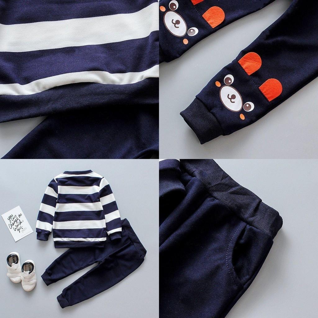 Stylish Bear Stripe 2pcs Toddler Kids Baby Boy Girl Sweater Coat Tops+pants Outfits Clothes Set