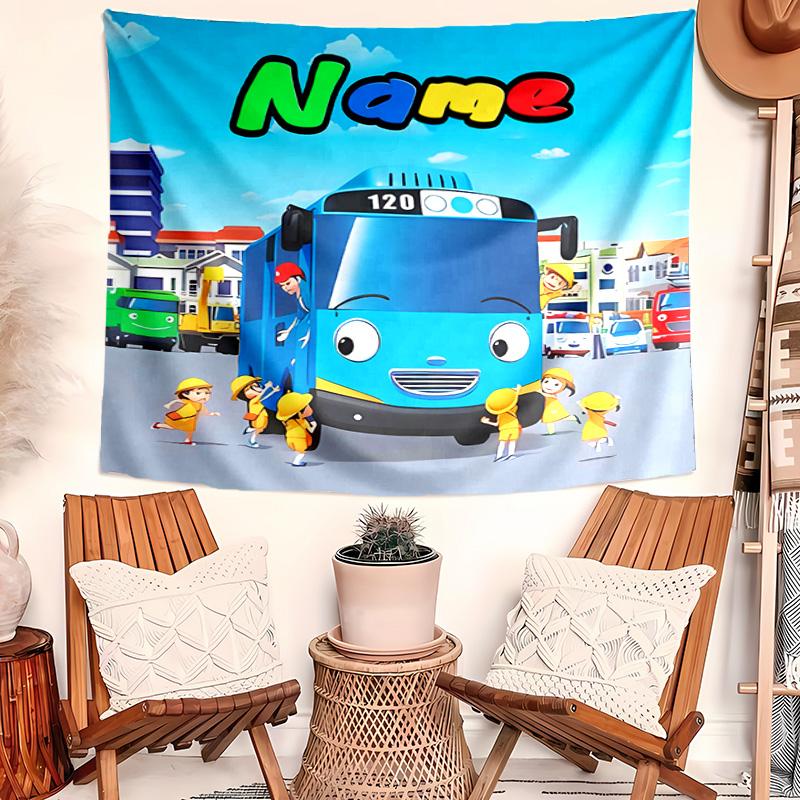 Personalized Tayo the Little Bus Background Tapestry,Custom Name Birthday Party,Multifunctional Wall Decoration for Home Decor,Various Occasions