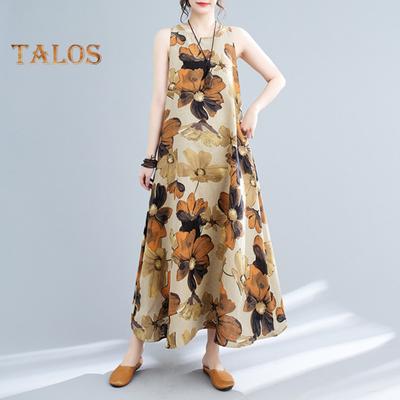 Платье из хлопка и льна больших размеров для женщин, летнее, без рукавов, с принтом, свободное, длинное, повседневное, с круглым вырезом, макси-платье