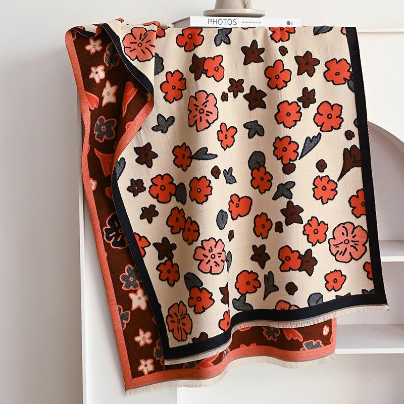 Japanese and Korean Cherry Blossom Flower Print Sweet and Fresh Ladies Imitation Cashmere Warm Scarf Cream Sweet Girl Shawl
