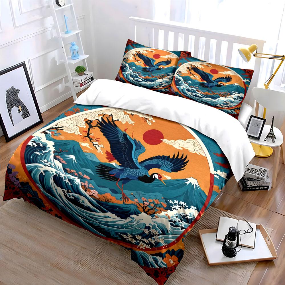Japanese Crane Nature Decor Set Multiple sizes kid's and adults' bedroom Exquisite 3PC bedding set, gift