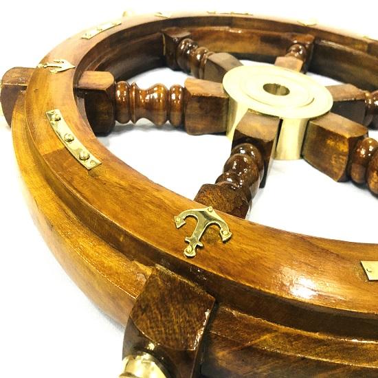 Wooden Ship's Wheel 45.72 Cm In Diameter with Handle and Anchor. Gift Item