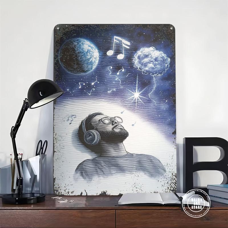Man Listening to Music in Space Metal Poster Customized Wall Art Retro Vintage Tinplate Signs for Decoration Bedroom Decorations