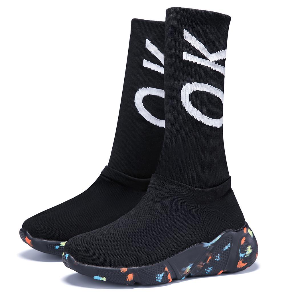 TUINANLE Thick Sole Long Boots for Women Elastic Socks Shoes Boots Mid-calf Round Toe Low Heels