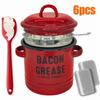 46 Oz Grease Container with Filter, Scraper, Strainer & Silicone Spatula, Cooking Pot Keeper, Dishwasher Safe