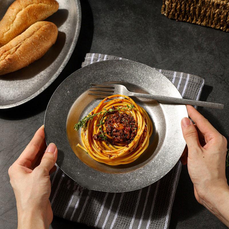 Винтажный круглый поднос для стейков в западном стиле из нержавеющей стали 304, овальная тарелка для спагетти, квадратная тарелка для десерта на открытом воздухе, столовая посуда